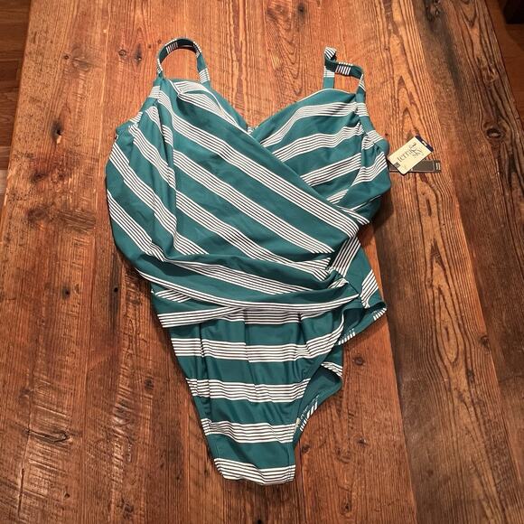 New One Piece Bathing Suit Size 3X Terra & Sky Teal Green Stripe Tummy Control - Picture 2 of 13